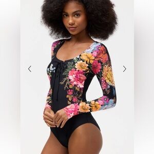 Johnny Was BACCARA TIE FRONT SURF ONE PIECE Swimsuit NWT black floral - S